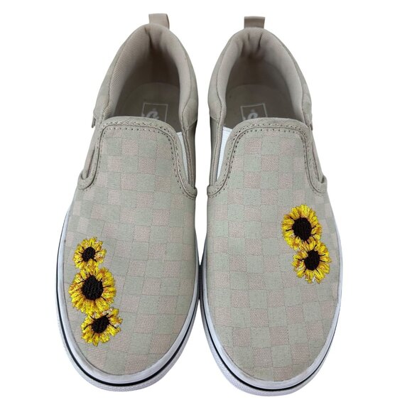 Vans Girls Beige Checkerboard Slip-On Sneakers Sunflower Embroidery Junior Sz 4 - Picture 1 of 8